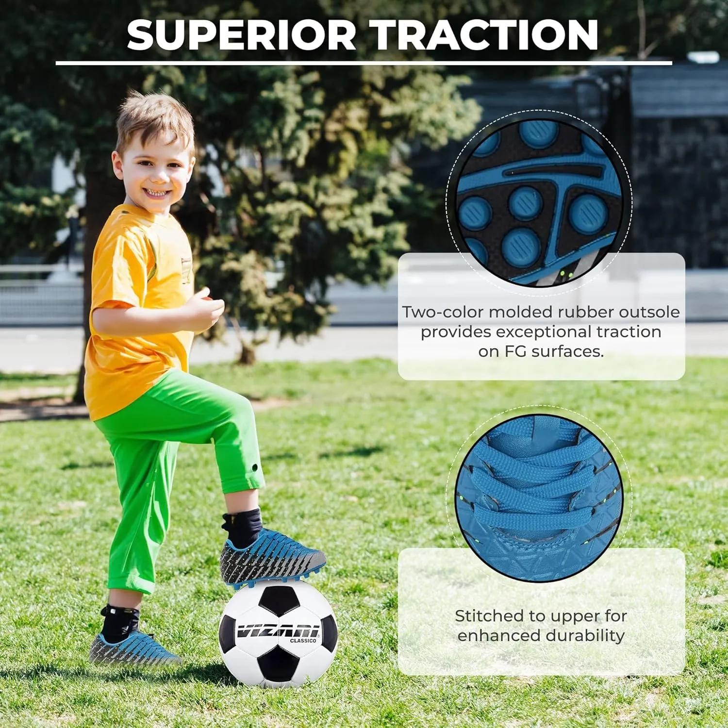 Vizari Bolt Firm Ground Youth Soccer Cleats for Boys and Girls | Textured Synthetic Leather Upper Kids Football Cleats with Polyurethane Sole for Comfort and Traction
