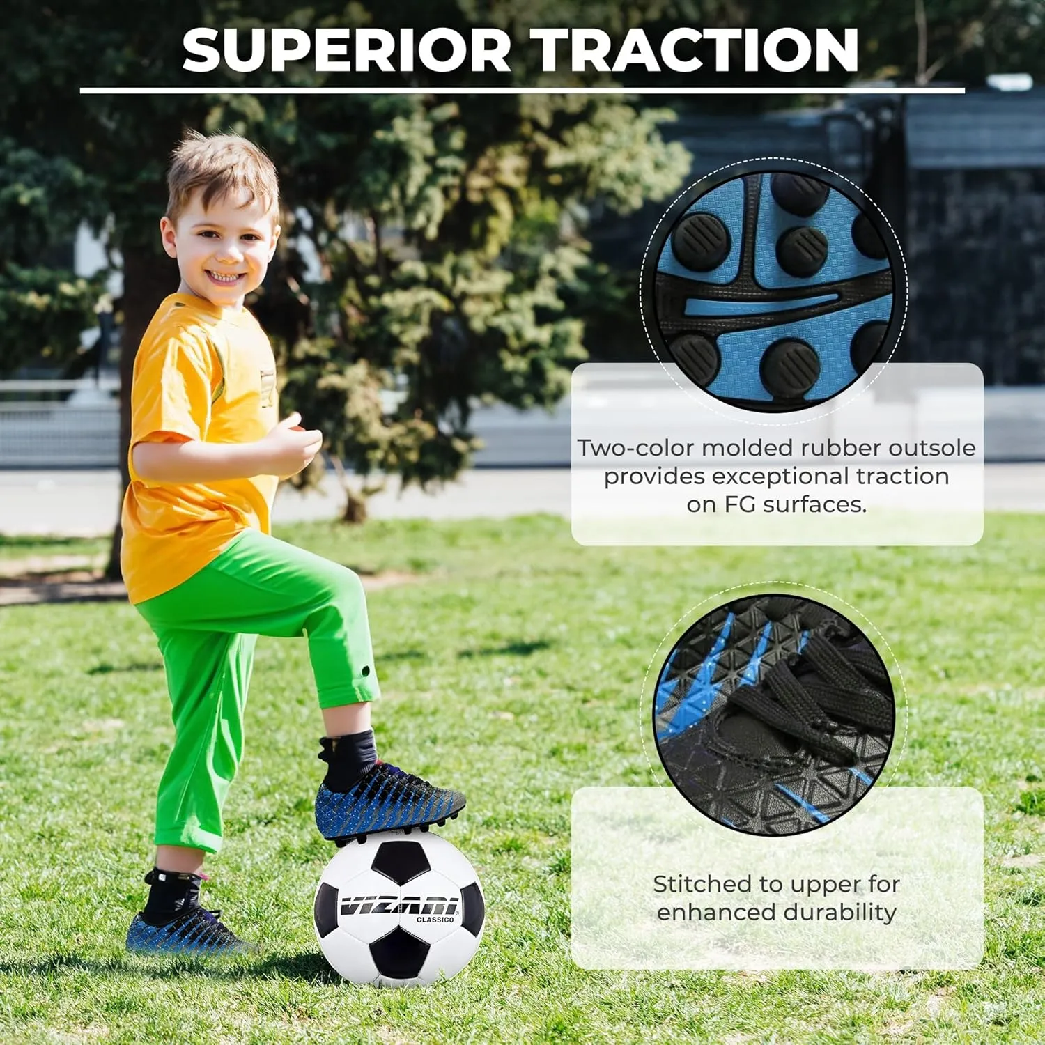 Vizari Bolt Firm Ground Youth Soccer Cleats for Boys and Girls | Textured Synthetic Leather Upper Kids Football Cleats with Polyurethane Sole for Comfort and Traction