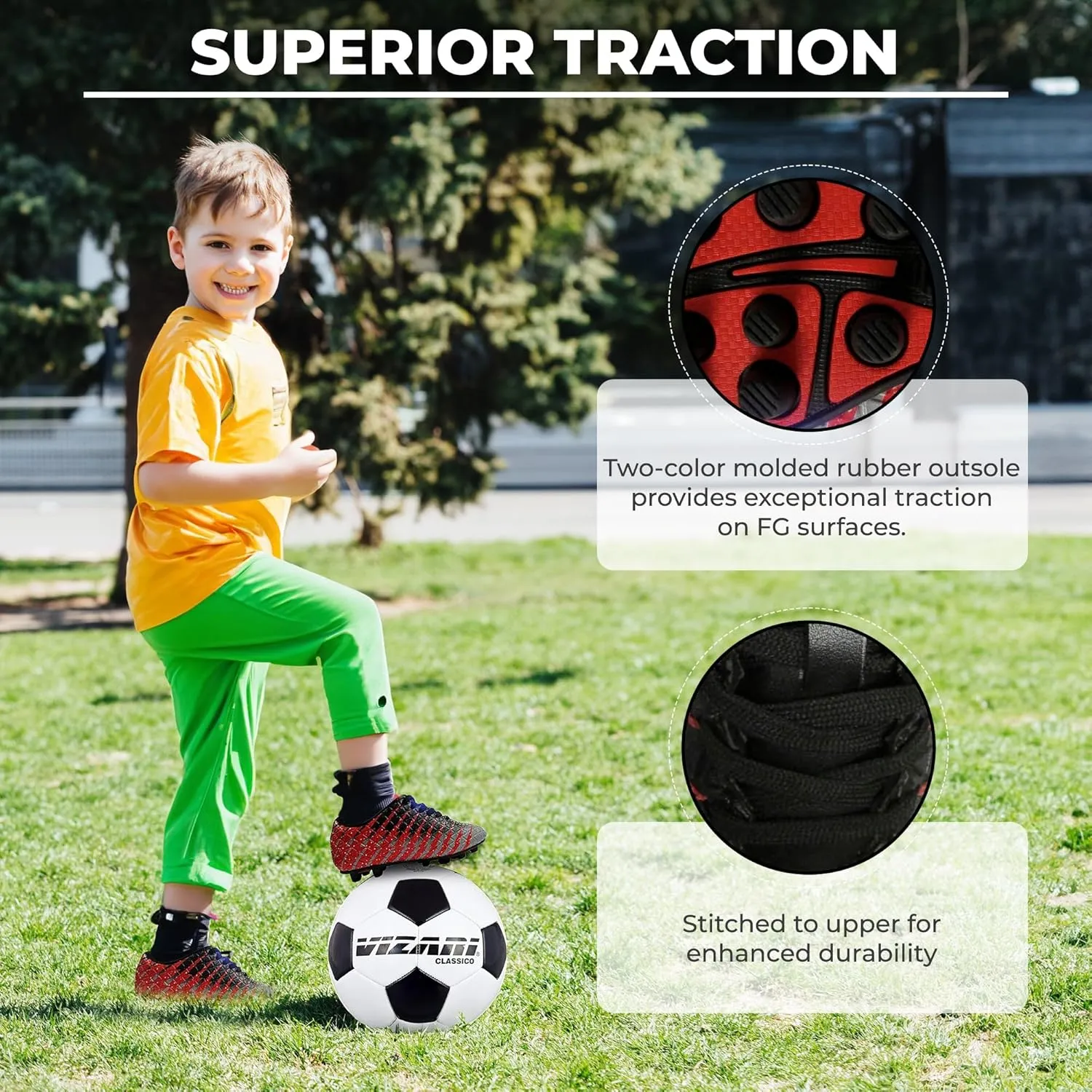 Vizari Bolt Firm Ground Youth Soccer Cleats for Boys and Girls | Textured Synthetic Leather Upper Kids Football Cleats with Polyurethane Sole for Comfort and Traction