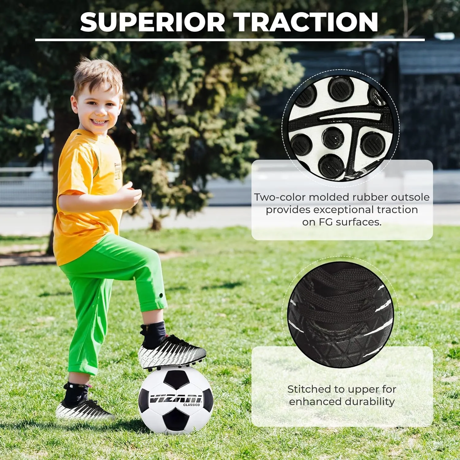 Vizari Bolt Firm Ground Youth Soccer Cleats for Boys and Girls | Textured Synthetic Leather Upper Kids Football Cleats with Polyurethane Sole for Comfort and Traction