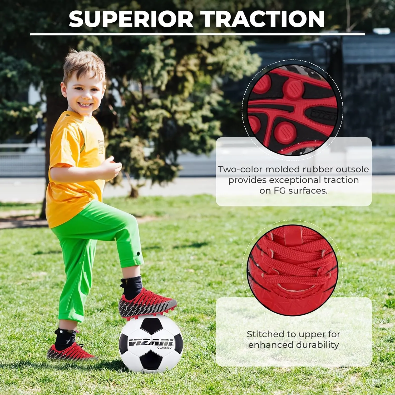 Vizari Bolt Firm Ground Youth Soccer Cleats for Boys and Girls | Textured Synthetic Leather Upper Kids Football Cleats with Polyurethane Sole for Comfort and Traction