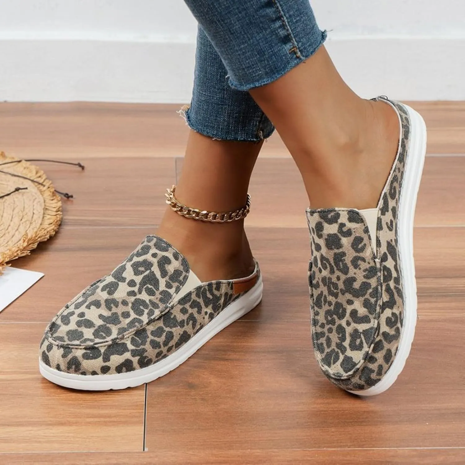 Women Canvas Slip On Lightweight Mule Sneaker Orthopedic Slip-On Loafers Slippers Closed Round Toe Low Top Casual Loafer Comfortable Walking Shoes