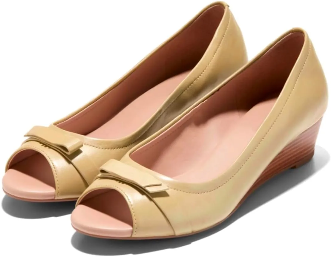 Women Peep Toe Wedge Heel Pumps Bow Slip On Low Heel Wedge Sandals Open Round Toe Matte Leather Dress Shoes Office Ladies Work Business Wedding Party Dance Shoe Elegant Comfort 4-11 M US
