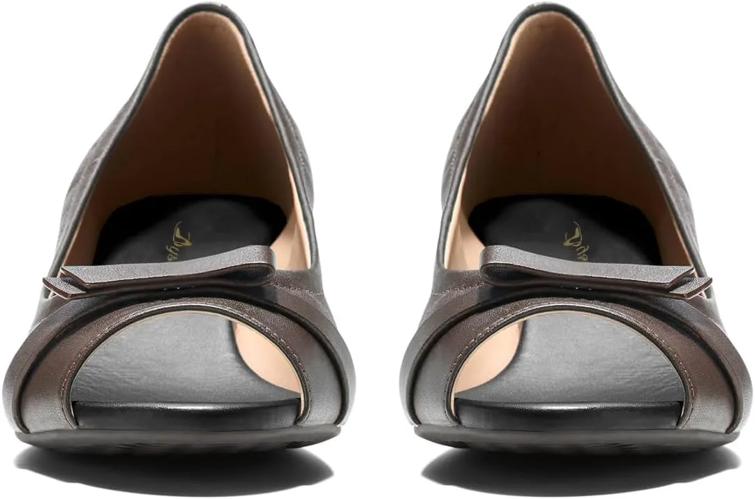 Women Peep Toe Wedge Heel Pumps Bow Slip On Low Heel Wedge Sandals Open Round Toe Matte Leather Dress Shoes Office Ladies Work Business Wedding Party Dance Shoe Elegant Comfort 4-11 M US