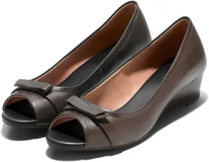 Women Peep Toe Wedge Heel Pumps Bow Slip On Low Heel Wedge Sandals Open Round Toe Matte Leather Dress Shoes Office Ladies Work Business Wedding Party Dance Shoe Elegant Comfort 4-11 M US