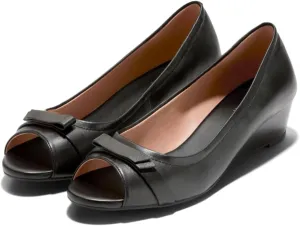 Women Peep Toe Wedge Heel Pumps Bow Slip On Low Heel Wedge Sandals Open Round Toe Matte Leather Dress Shoes Office Ladies Work Business Wedding Party Dance Shoe Elegant Comfort 4-11 M US