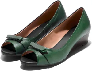 Women Peep Toe Wedge Heel Pumps Bow Slip On Low Heel Wedge Sandals Open Round Toe Matte Leather Dress Shoes Office Ladies Work Business Wedding Party Dance Shoe Elegant Comfort 4-11 M US