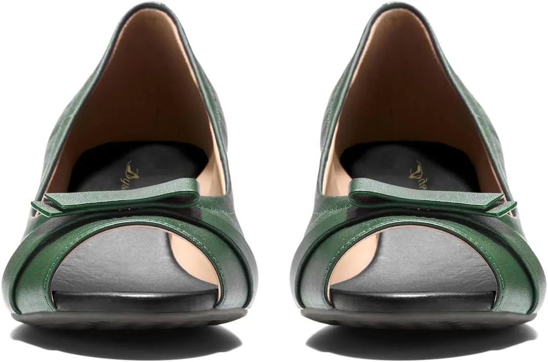 Women Peep Toe Wedge Heel Pumps Bow Slip On Low Heel Wedge Sandals Open Round Toe Matte Leather Dress Shoes Office Ladies Work Business Wedding Party Dance Shoe Elegant Comfort 4-11 M US
