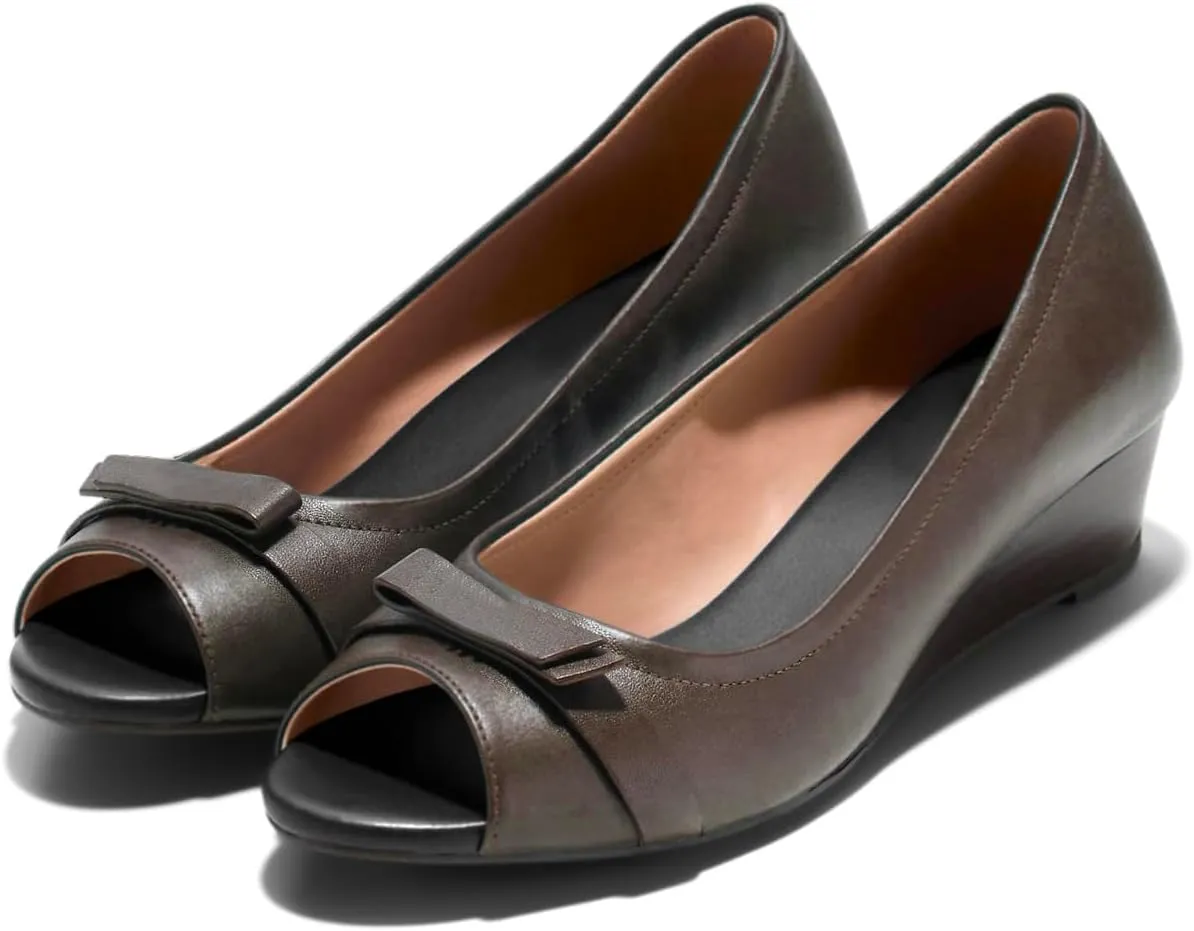 Women Peep Toe Wedge Heel Pumps Bow Slip On Low Heel Wedge Sandals Open Round Toe Matte Leather Dress Shoes Office Ladies Work Business Wedding Party Dance Shoe Elegant Comfort 4-11 M US