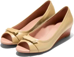 Women Peep Toe Wedge Heel Pumps Bow Slip On Low Heel Wedge Sandals Open Round Toe Matte Leather Dress Shoes Office Ladies Work Business Wedding Party Dance Shoe Elegant Comfort 4-11 M US