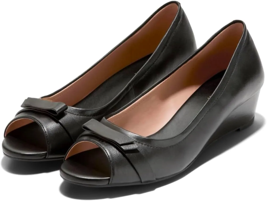 Women Peep Toe Wedge Heel Pumps Bow Slip On Low Heel Wedge Sandals Open Round Toe Matte Leather Dress Shoes Office Ladies Work Business Wedding Party Dance Shoe Elegant Comfort 4-11 M US