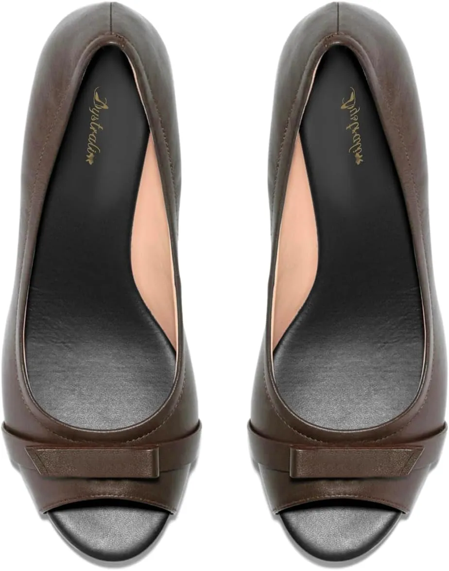 Women Peep Toe Wedge Heel Pumps Bow Slip On Low Heel Wedge Sandals Open Round Toe Matte Leather Dress Shoes Office Ladies Work Business Wedding Party Dance Shoe Elegant Comfort 4-11 M US