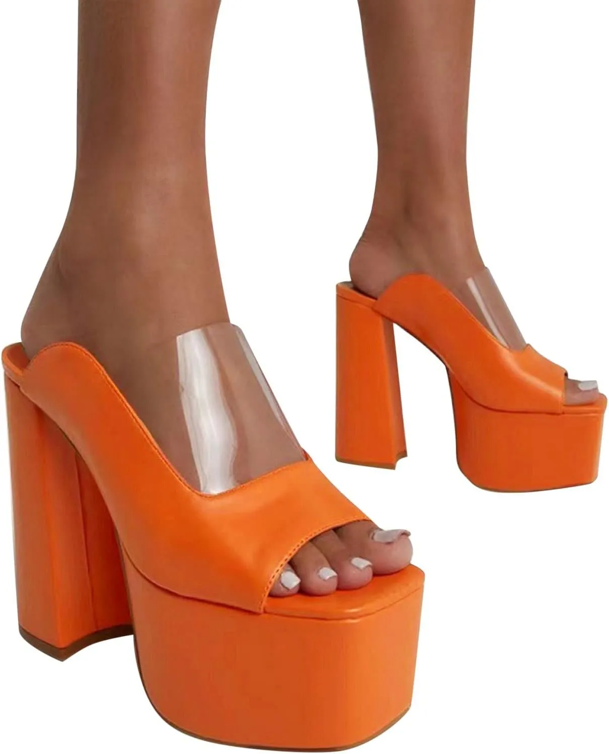 Women Platform Sandal Block Chunky Heels Open Round Toe Pumps Leather Slip On Slides Dress Part𝐲 Wedding Shoes