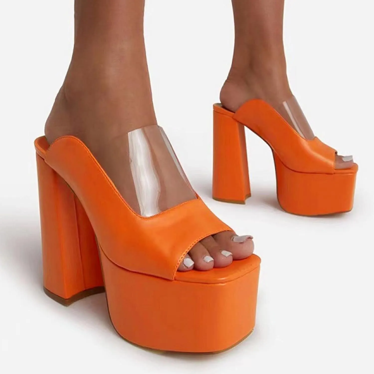 Women Platform Sandal Block Chunky Heels Open Round Toe Pumps Leather Slip On Slides Dress Part𝐲 Wedding Shoes