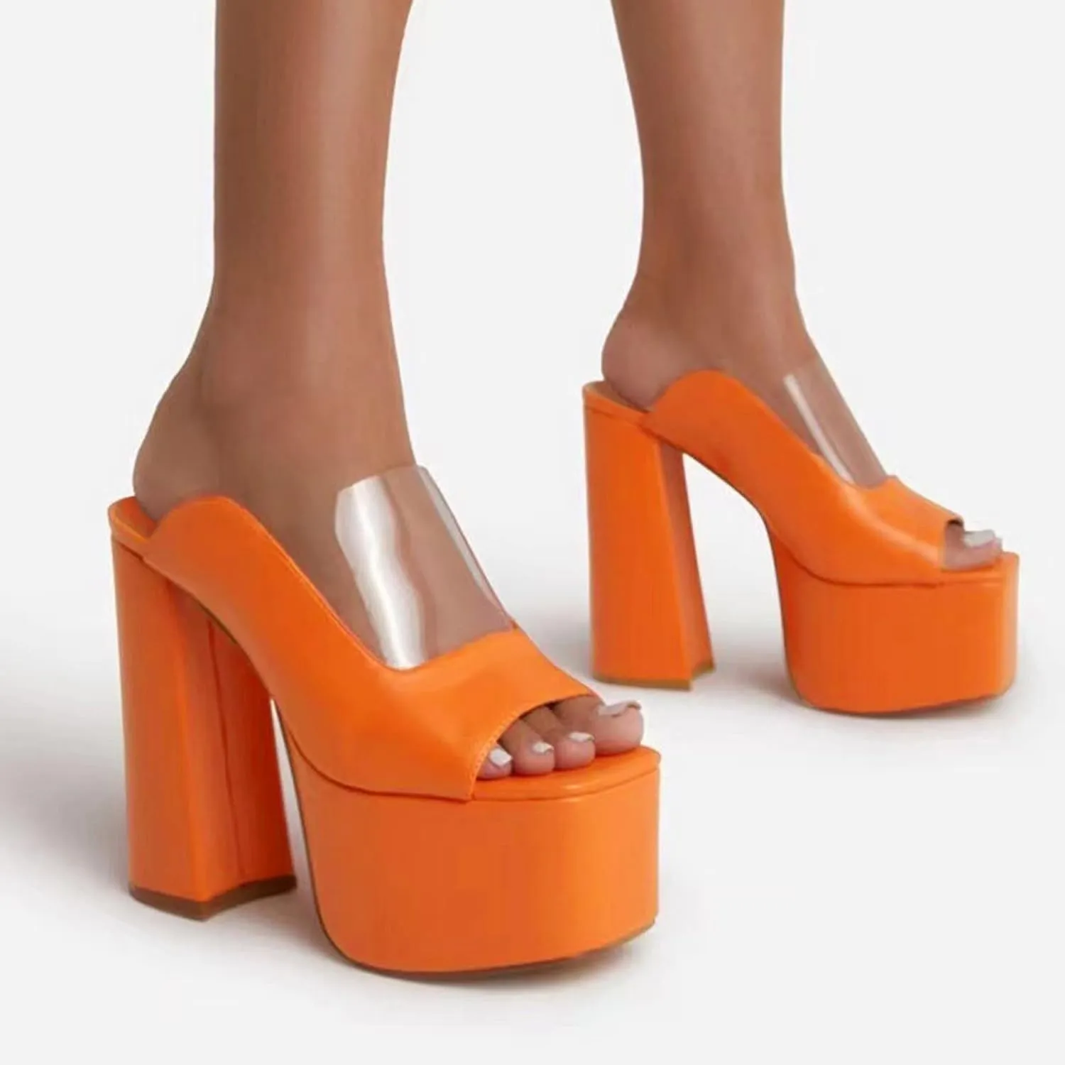 Women Platform Sandal Block Chunky Heels Open Round Toe Pumps Leather Slip On Slides Dress Part𝐲 Wedding Shoes