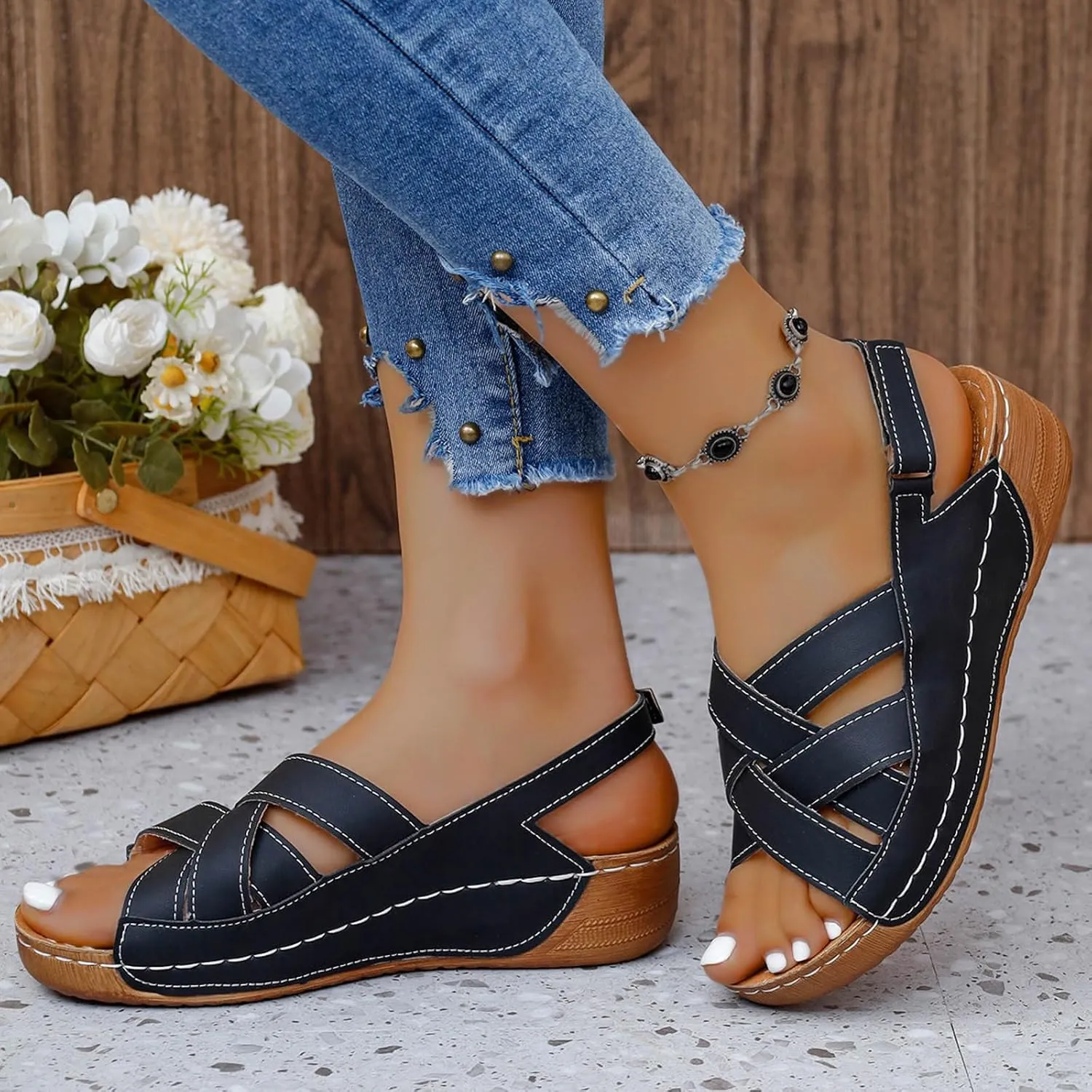 Womens Ankle Strap Sandals Dressy Arch Support Summer Leather Flats Comfort Open Toe Slippers