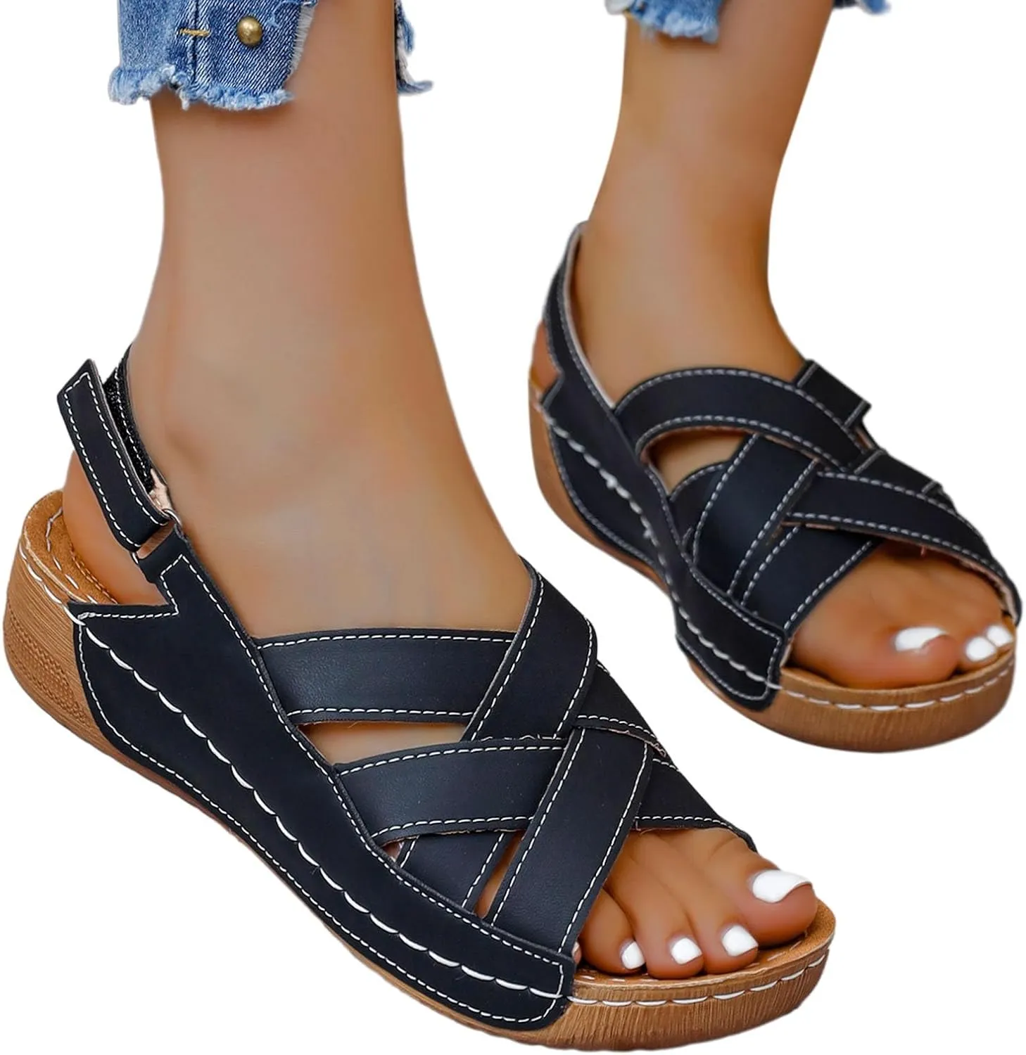 Womens Ankle Strap Sandals Dressy Arch Support Summer Leather Flats Comfort Open Toe Slippers