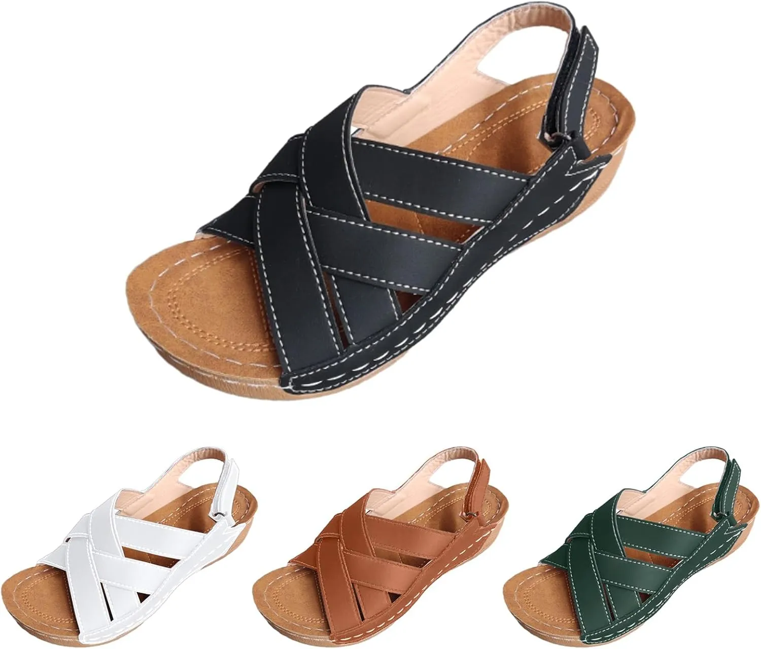Womens Ankle Strap Sandals Dressy Arch Support Summer Leather Flats Comfort Open Toe Slippers