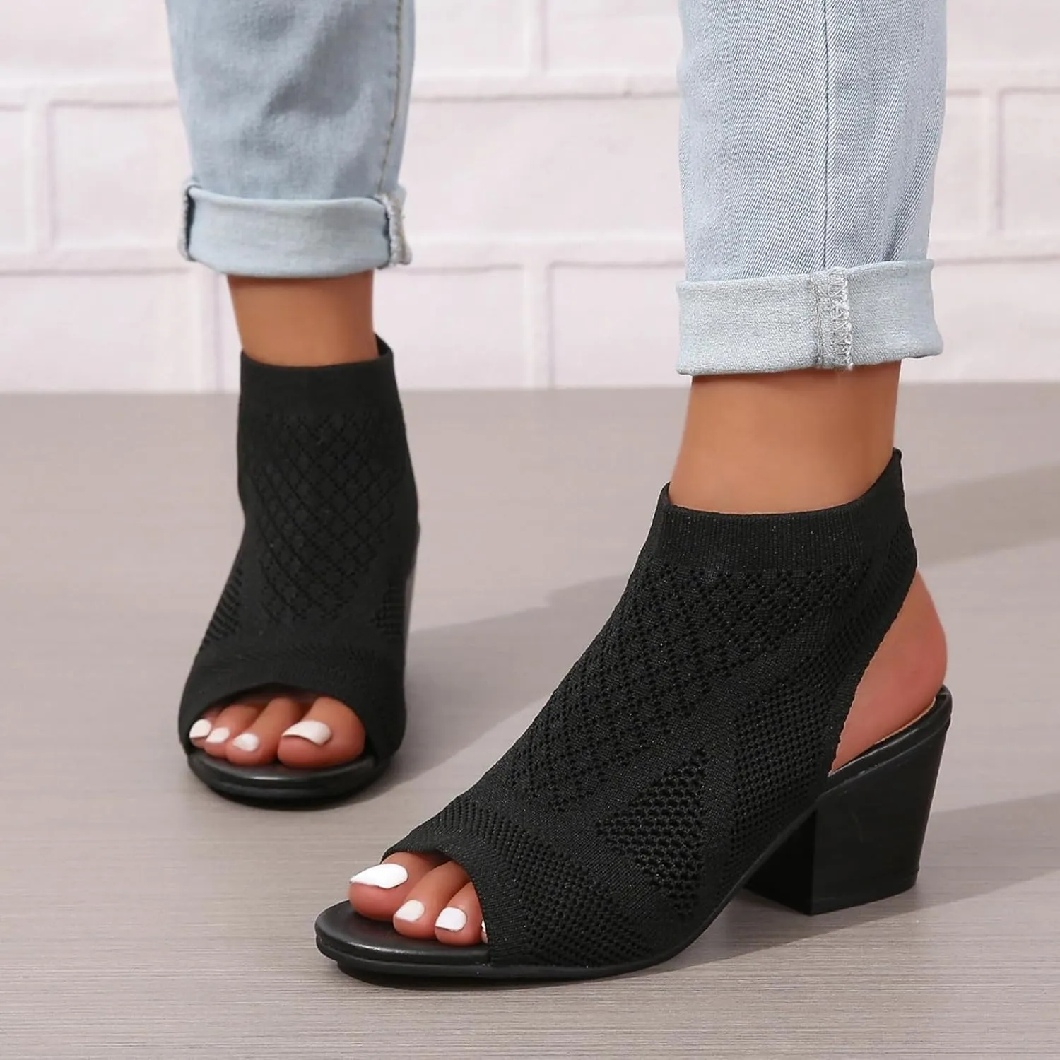 Women's Black Stacked Heeled Sandals Ankle Buckle Cutout Chunky Block Heel Open Toe Sandal Summer Dress Shoes Booties
