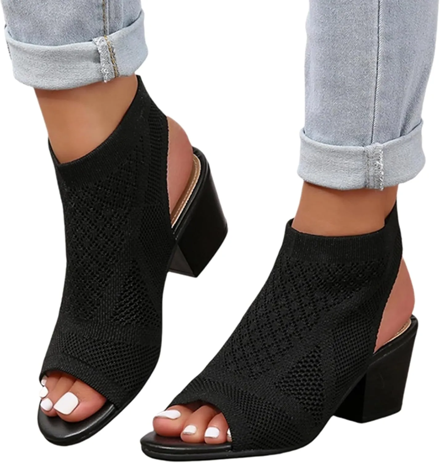 Women's Black Stacked Heeled Sandals Ankle Buckle Cutout Chunky Block Heel Open Toe Sandal Summer Dress Shoes Booties
