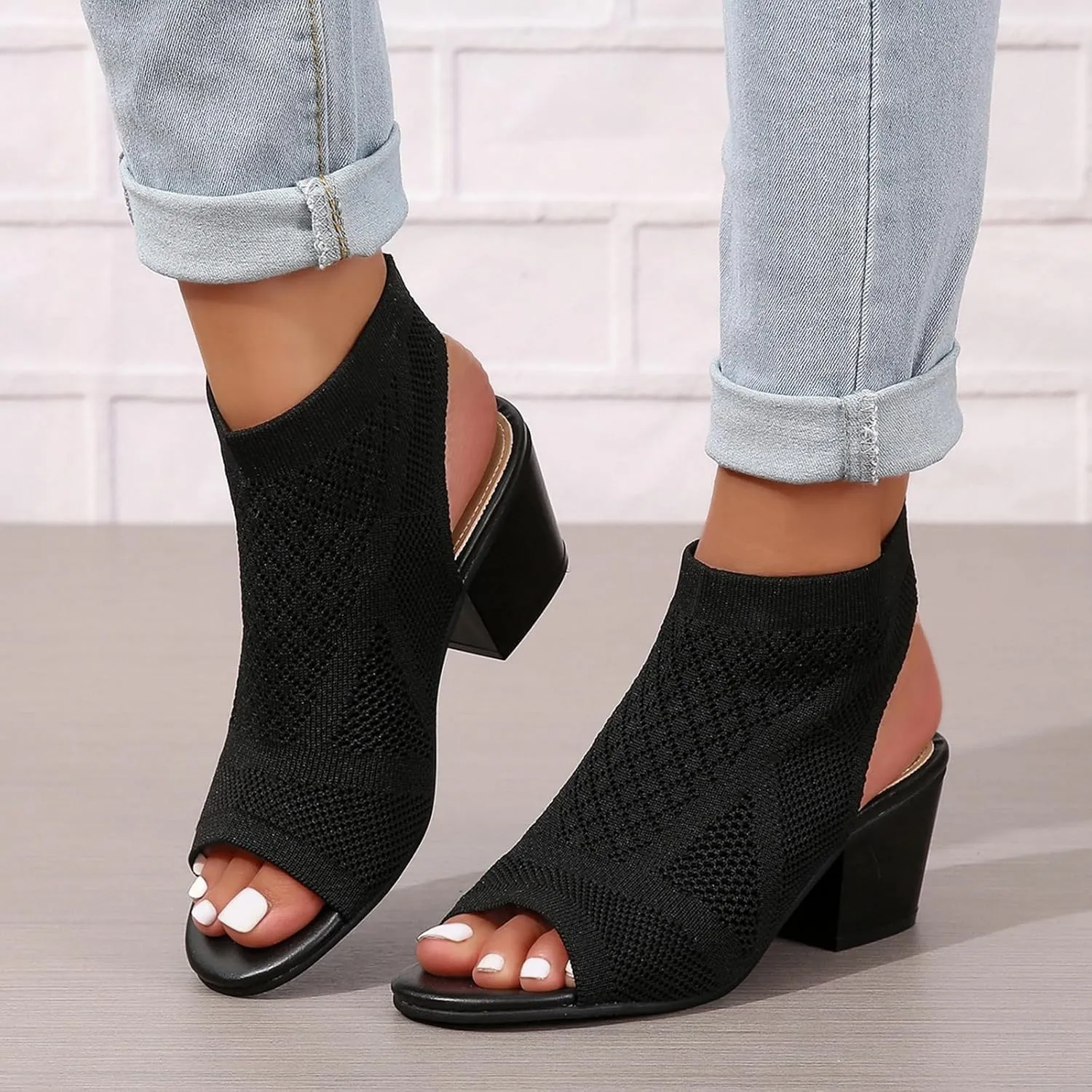Women's Black Stacked Heeled Sandals Ankle Buckle Cutout Chunky Block Heel Open Toe Sandal Summer Dress Shoes Booties
