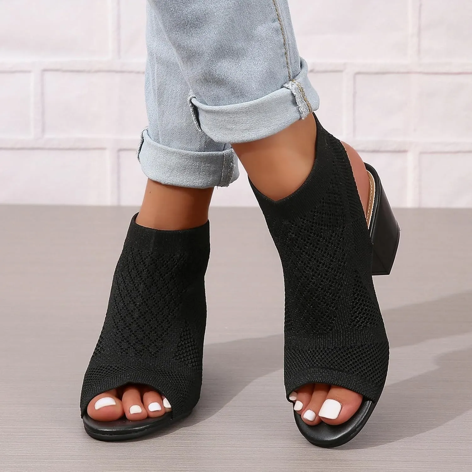 Women's Black Stacked Heeled Sandals Ankle Buckle Cutout Chunky Block Heel Open Toe Sandal Summer Dress Shoes Booties