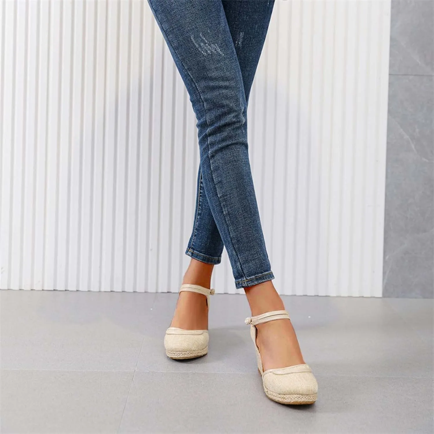 Women's Chinese Style Wedge Sandal Double Spaghetti Strap Close Shoe Solid Textured Sandals Closed Toe High Heel