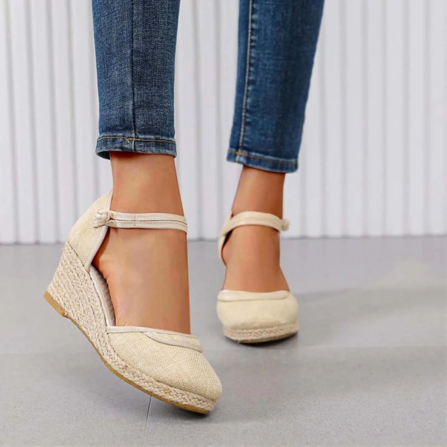 Women's Chinese Style Wedge Sandal Double Spaghetti Strap Close Shoe Solid Textured Sandals Closed Toe High Heel
