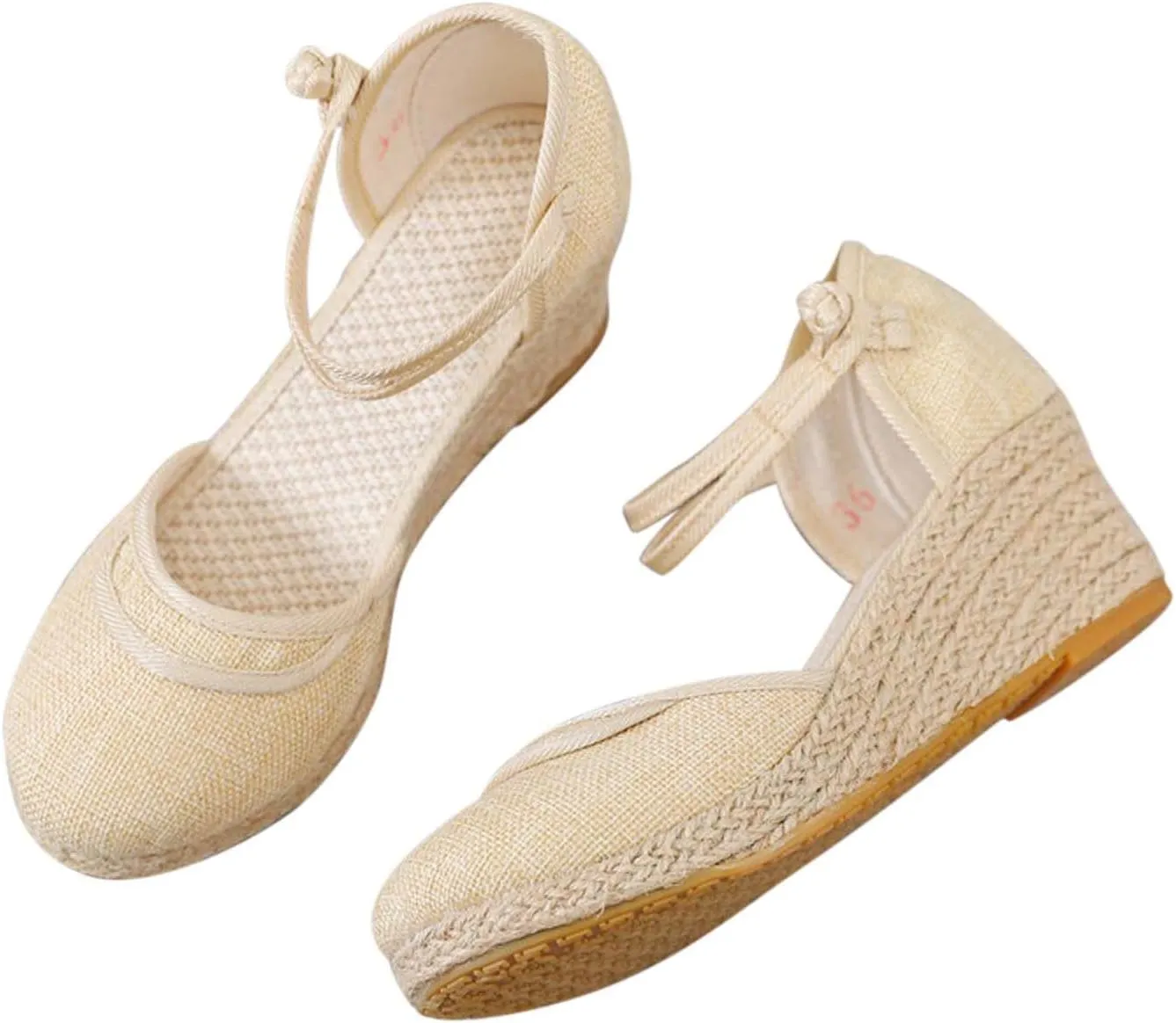 Women's Chinese Style Wedge Sandal Double Spaghetti Strap Close Shoe Solid Textured Sandals Closed Toe High Heel