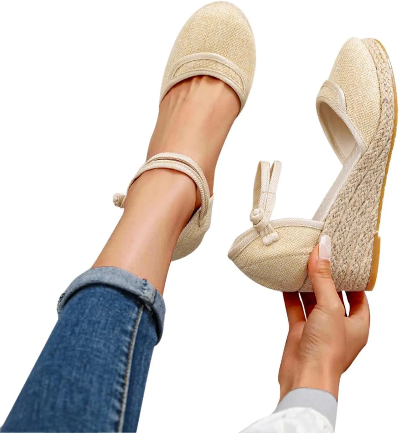 Women's Chinese Style Wedge Sandal Double Spaghetti Strap Close Shoe Solid Textured Sandals Closed Toe High Heel