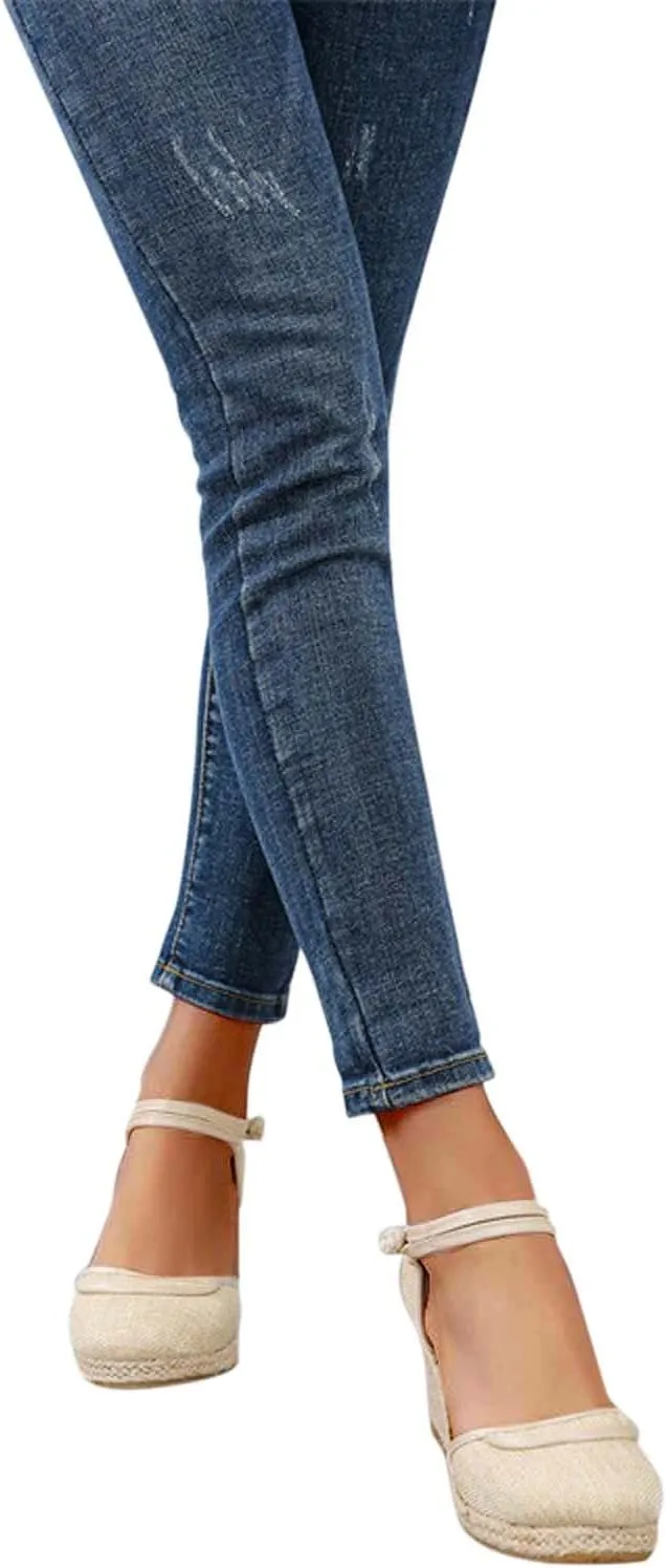 Women's Chinese Style Wedge Sandal Double Spaghetti Strap Close Shoe Solid Textured Sandals Closed Toe High Heel