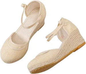Women's Chinese Style Wedge Sandal Double Spaghetti Strap Close Shoe Solid Textured Sandals Closed Toe High Heel