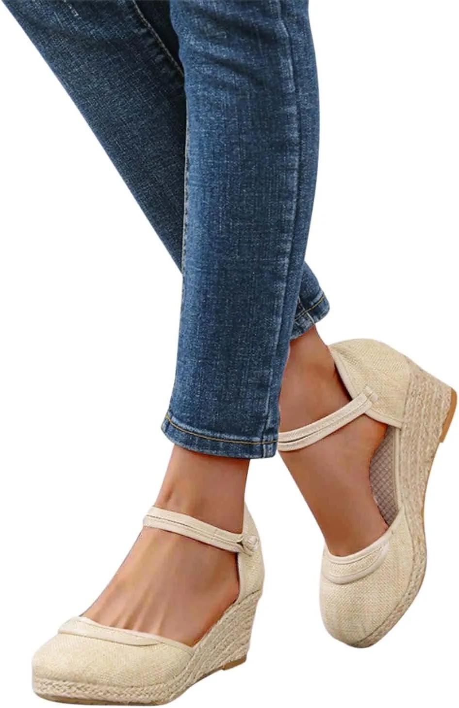 Women's Chinese Style Wedge Sandal Double Spaghetti Strap Close Shoe Solid Textured Sandals Closed Toe High Heel