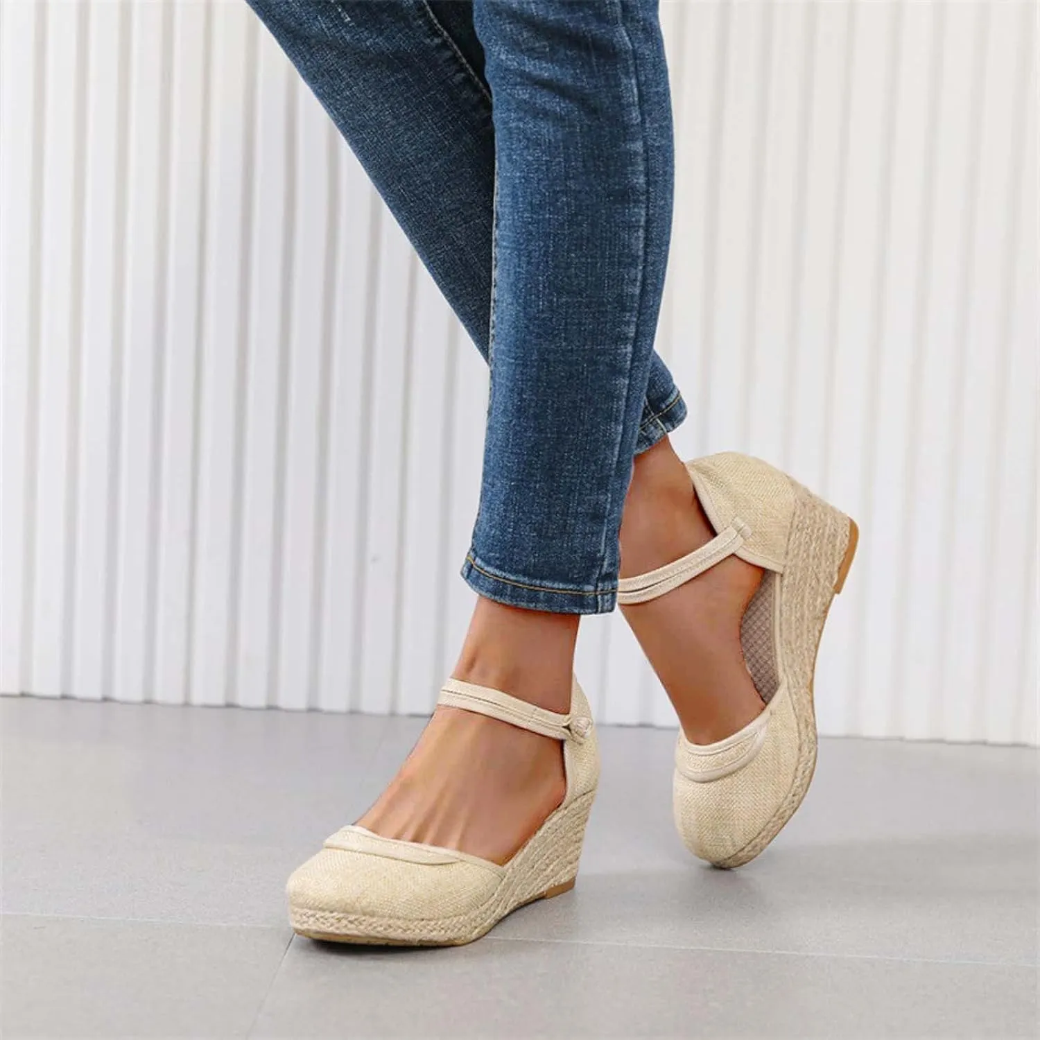 Women's Chinese Style Wedge Sandal Double Spaghetti Strap Close Shoe Solid Textured Sandals Closed Toe High Heel