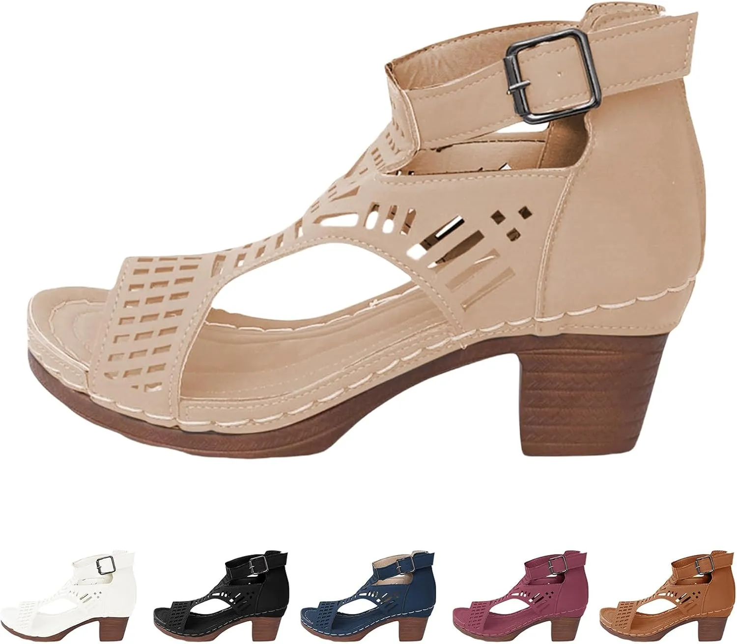 Womens Chunky Heeled Sandals Orthopedic Hollow Roman Ankle Buckle Open Toe Leather Summer Sandals