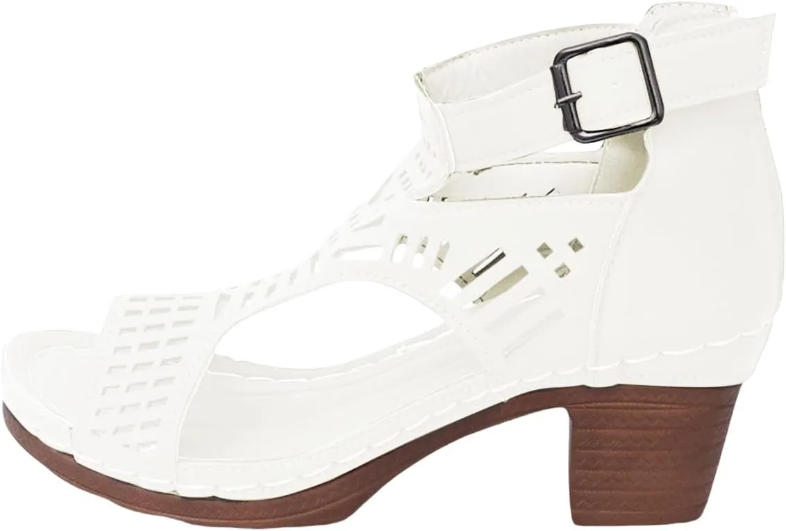 Womens Chunky Heeled Sandals Orthopedic Hollow Roman Ankle Buckle Open Toe Leather Summer Sandals