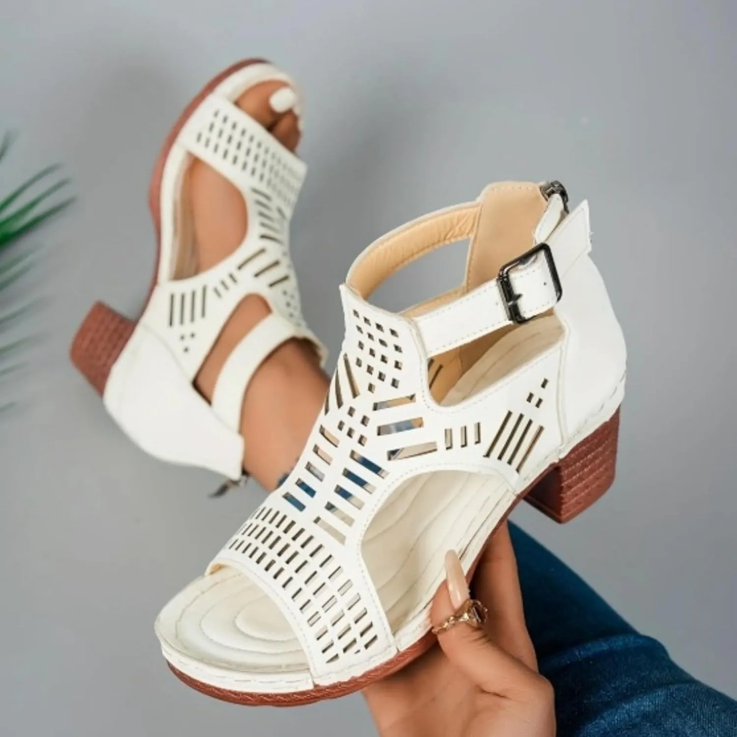 Womens Chunky Heeled Sandals Orthopedic Hollow Roman Ankle Buckle Open Toe Leather Summer Sandals
