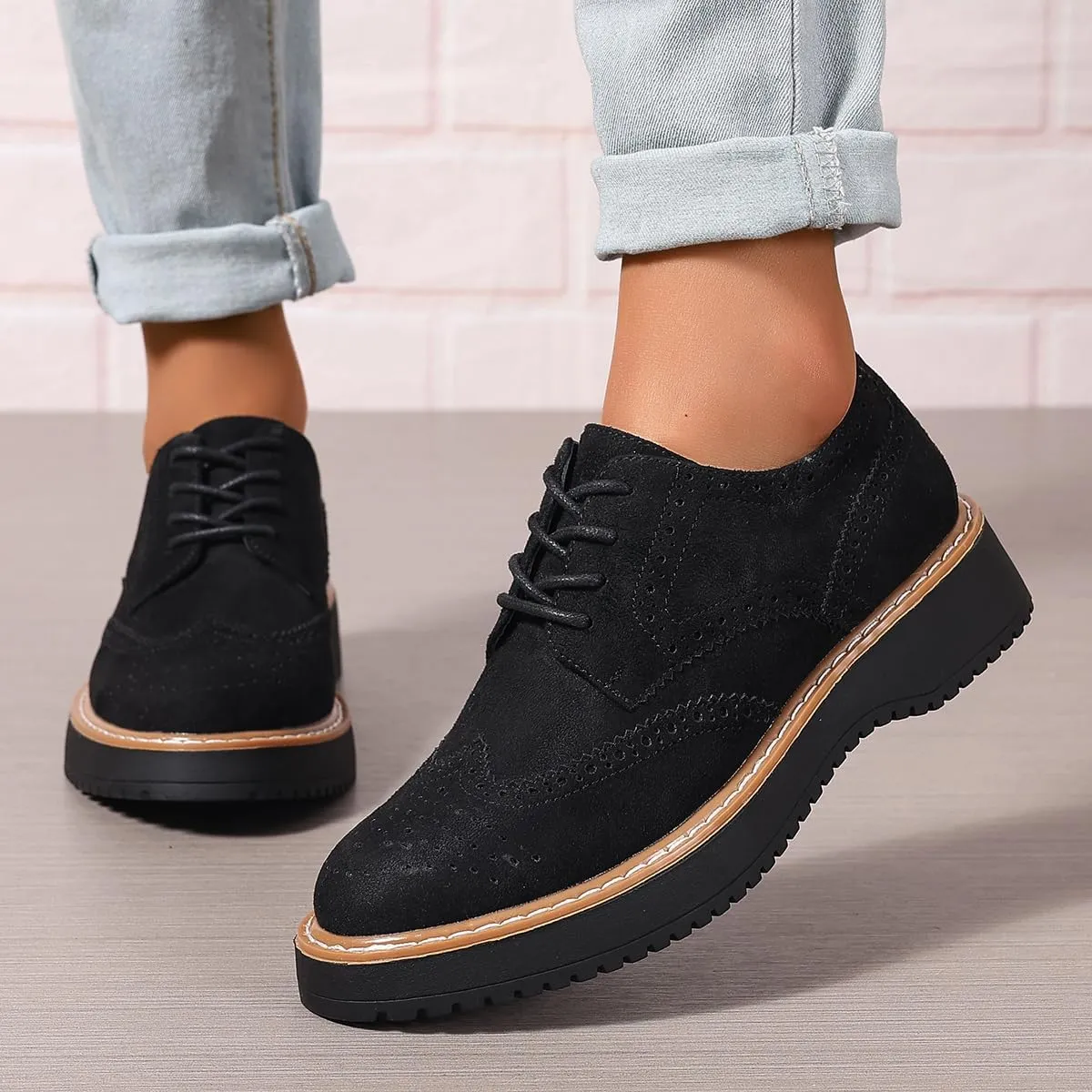Women's Chunky Platform Lace-Up Round Toe Oxfords Shoes Non-Slip Comfort Casual Dressy School Work Loafers