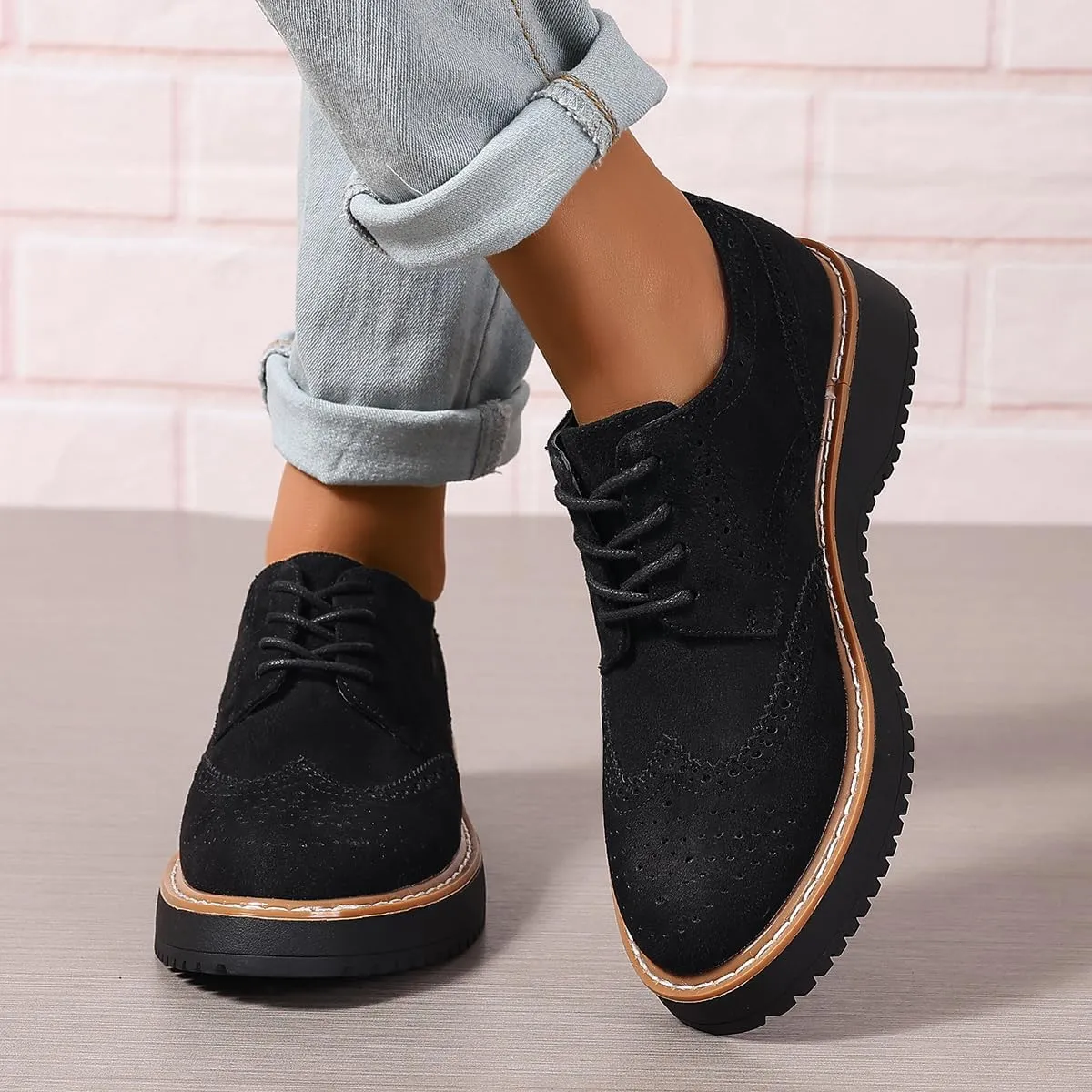 Women's Chunky Platform Lace-Up Round Toe Oxfords Shoes Non-Slip Comfort Casual Dressy School Work Loafers