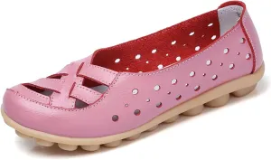 Women's Comfortable Leather Loafers Slip On Walking Flats Casual Round Toe Moccasins Wild Nurse Orthopedic in Hollow Sandals Summer Slip-On 2025 Driving Breathable Fashion Soft Shoes