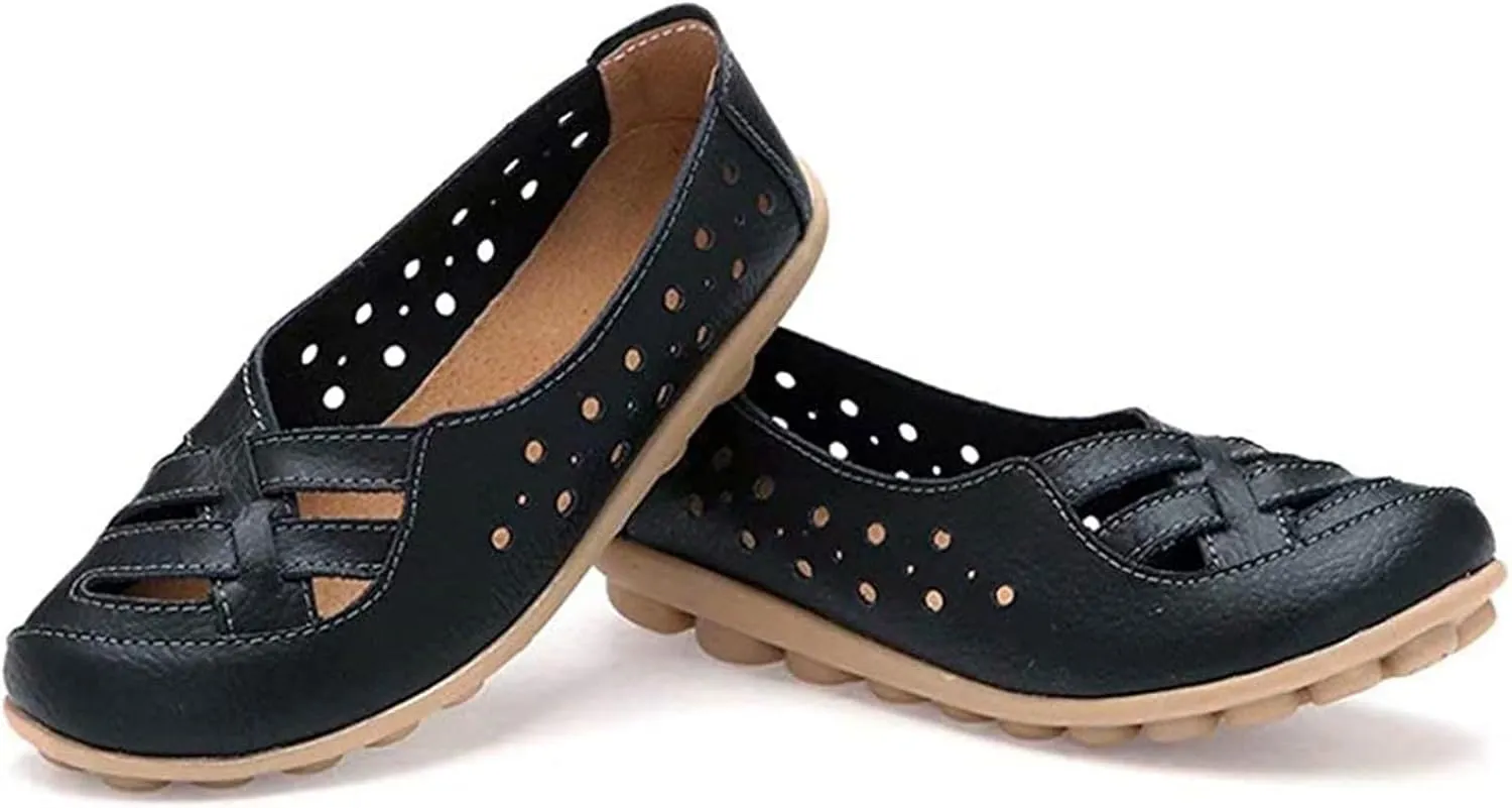Womens Cowhide Leather Slip On Moccasins Shoes Flat Slipper Comfortable Leather Loafers Breathable Lightweight Round Toe Nurse Loafer Driving Walking Flat Work Shoes