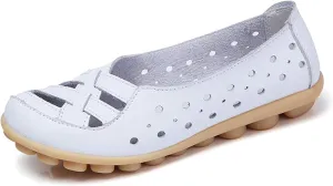 Womens Cowhide Leather Slip On Moccasins Shoes Flat Slipper Comfortable Leather Loafers Breathable Lightweight Round Toe Nurse Loafer Driving Walking Flat Work Shoes