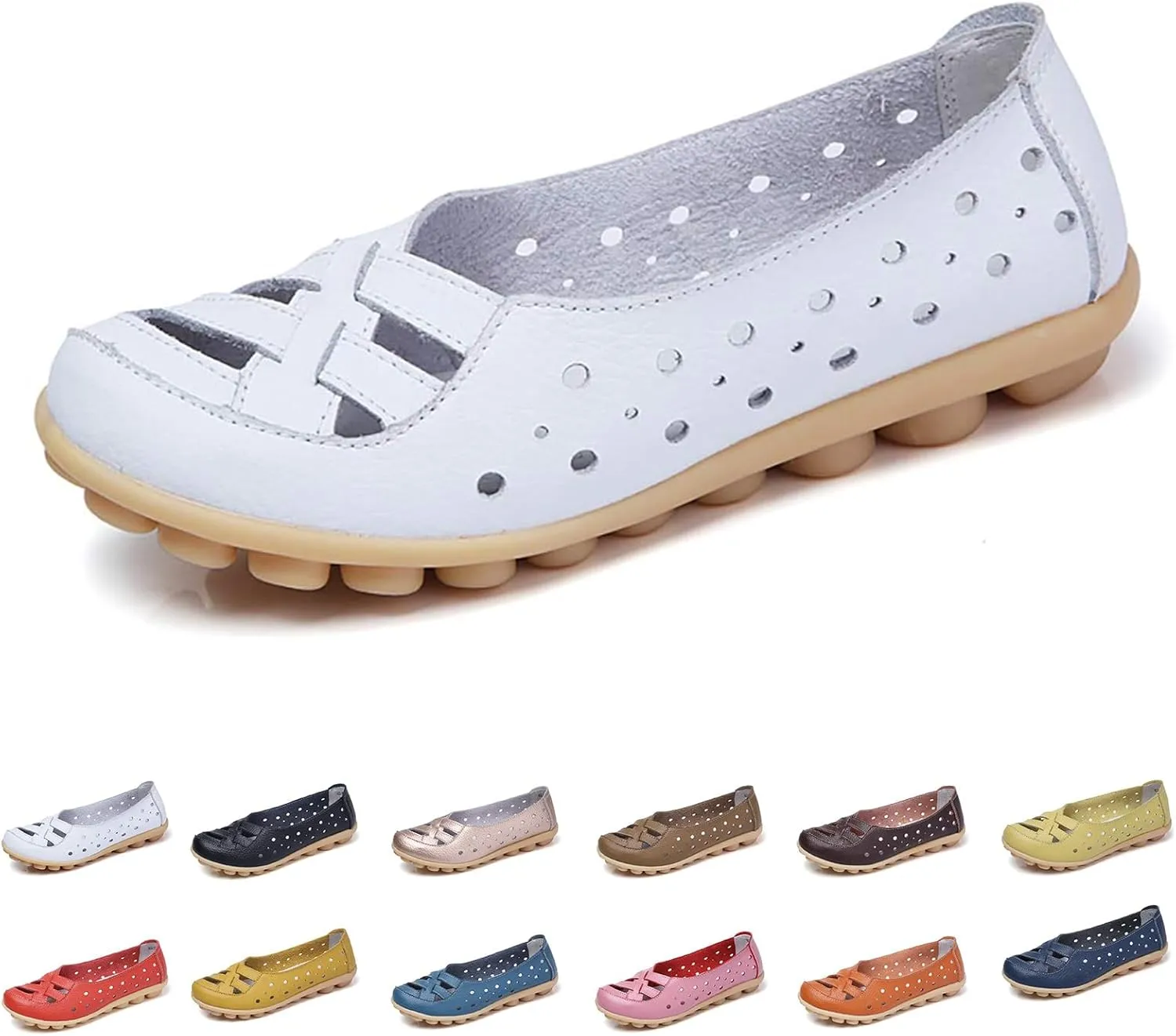 Womens Cowhide Leather Slip On Moccasins Shoes Flat Slipper Comfortable Leather Loafers Breathable Lightweight Round Toe Nurse Loafer Driving Walking Flat Work Shoes