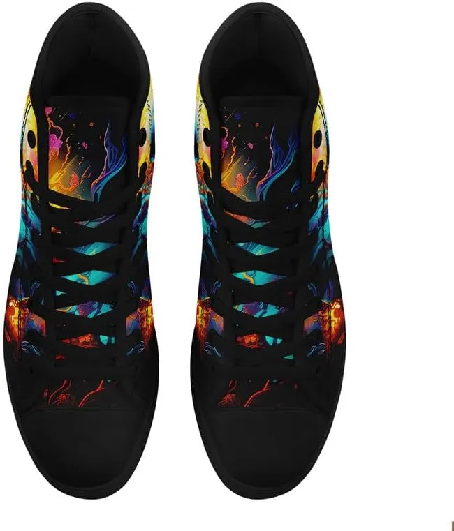 Womens Graffiti Black High Top Fashion Sneakers Canvas Shoes Classic Lace Up Walking Tennis Casual Skateboarding Sports Shoes