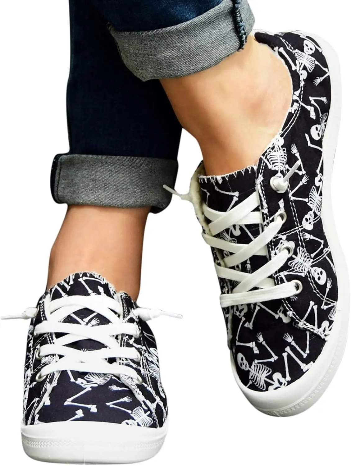 Women's Halloween Canvas Shoes Casual Slip On Loafers Skull Pumpkin Printed Low Top Canvas Sneakers Soft Sole Comfort Flat Tennis Walking Shoes