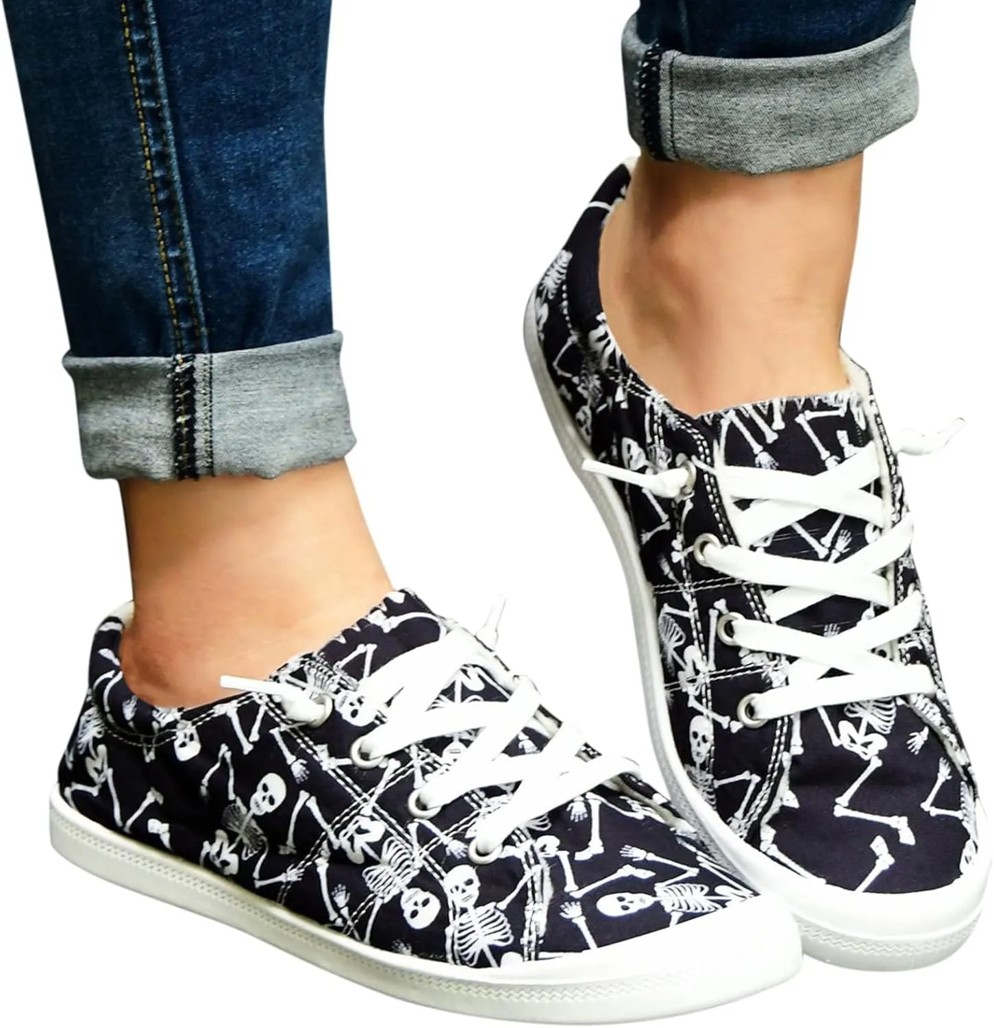 Women's Halloween Canvas Shoes Casual Slip On Loafers Skull Pumpkin Printed Low Top Canvas Sneakers Soft Sole Comfort Flat Tennis Walking Shoes