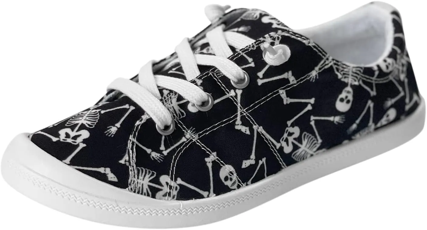 Women's Halloween Canvas Shoes Casual Slip On Loafers Skull Pumpkin Printed Low Top Canvas Sneakers Soft Sole Comfort Flat Tennis Walking Shoes