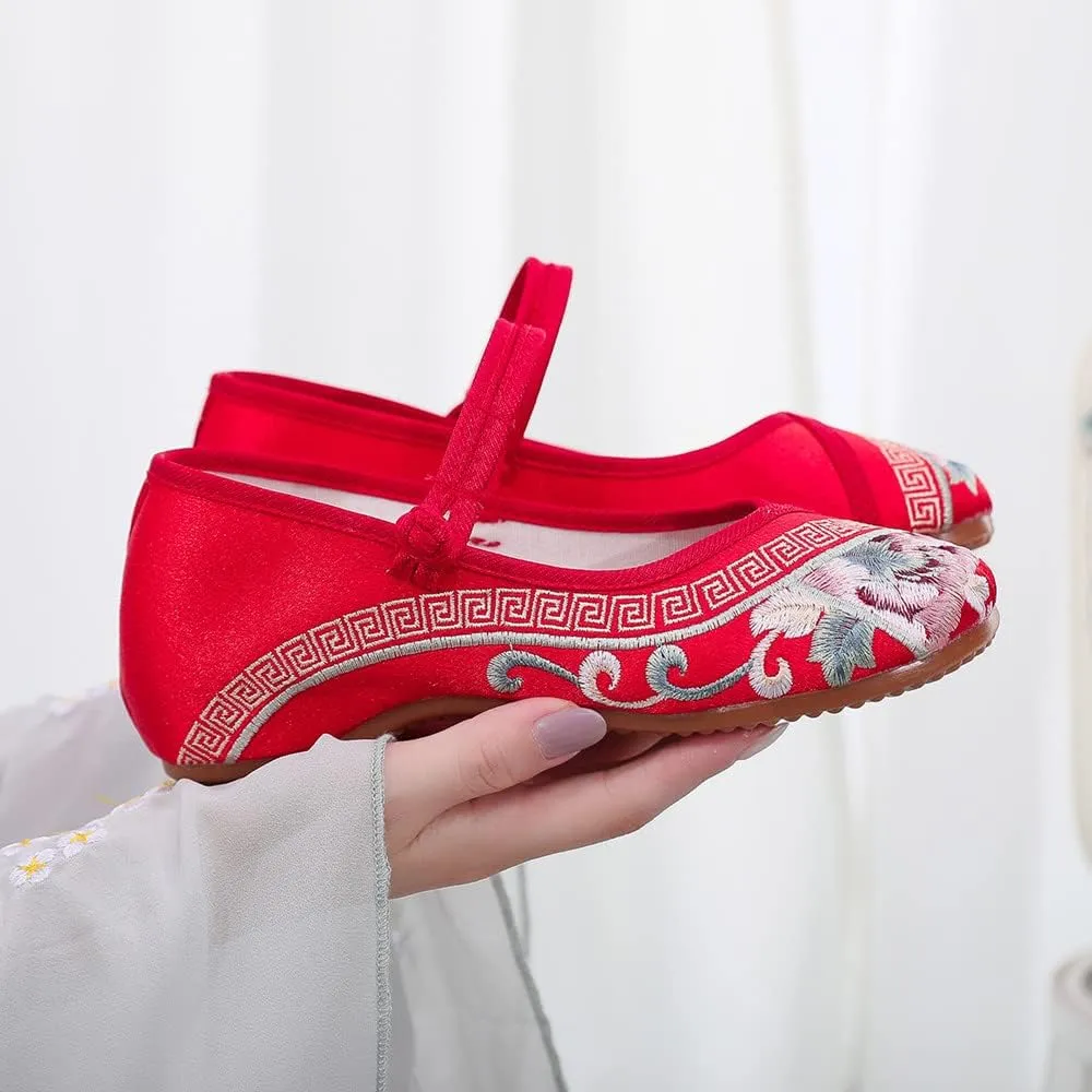 Womens Handmade Floral Embroidered Canvas Shoes - Casual Round Toe Mary Jane Ballet Yoga Flats Slip On Shoes