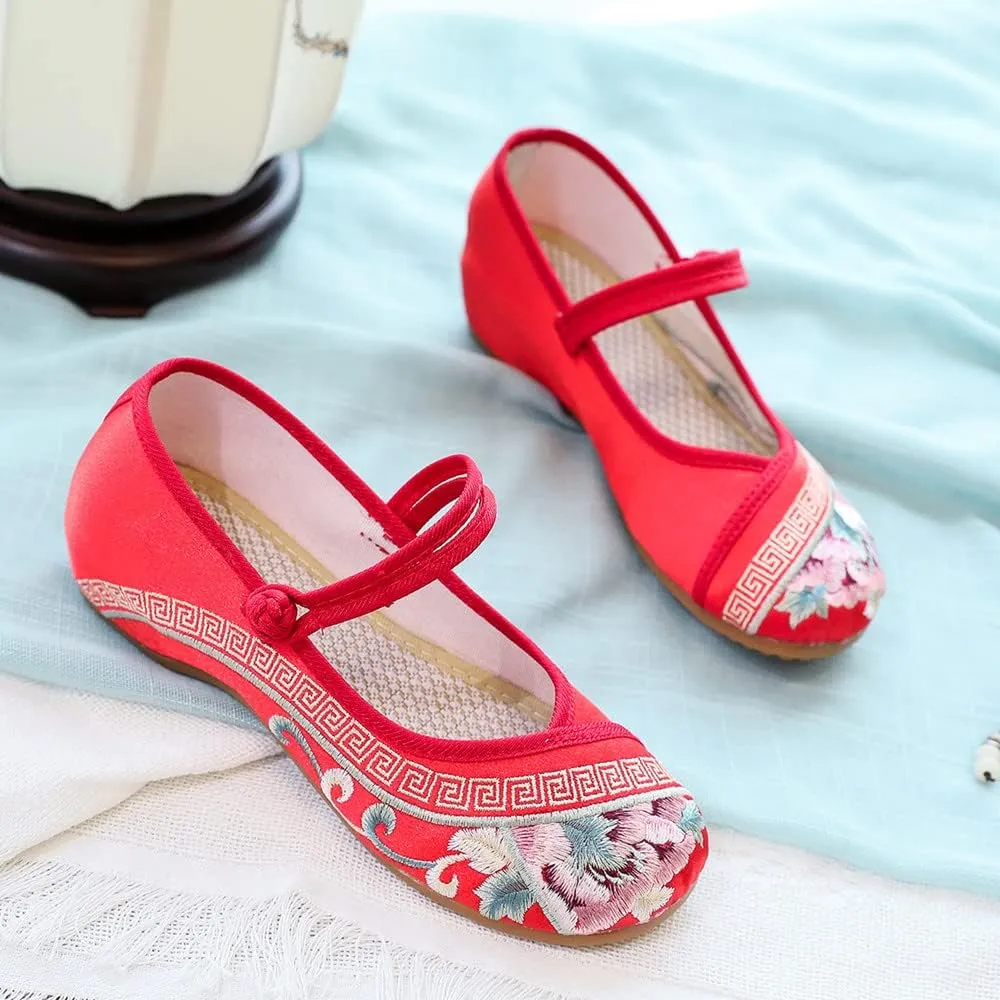 Womens Handmade Floral Embroidered Canvas Shoes - Casual Round Toe Mary Jane Ballet Yoga Flats Slip On Shoes
