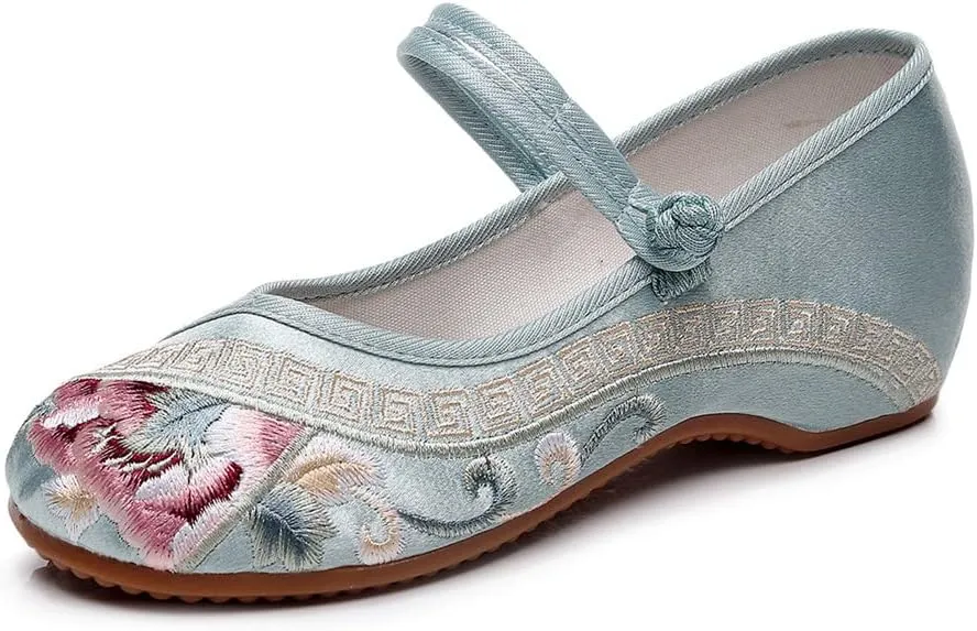 Womens Handmade Floral Embroidered Canvas Shoes - Casual Round Toe Mary Jane Ballet Yoga Flats Slip On Shoes
